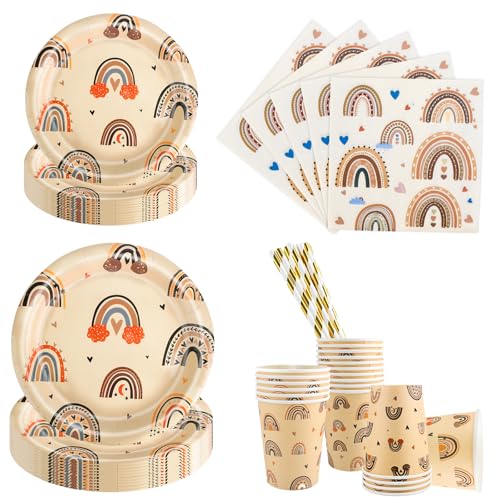 Aitsite 100 Stück Boho Regenbogen Partygeschirr Set, Regenbogen Partyteller Geburtstag für 20 Gäste, Boho Regenbogen Geburtstag Geschirr, Party Deko Set, Kindergeburtstag Teller Becher Servietten von Aitsite