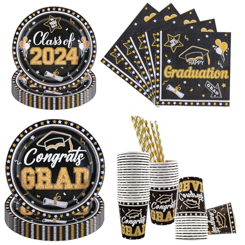 Aitsite 100 Stück Schwarz Gold Graduierung Partygeschirr Set,20 Gäste Teller Set,Graduierung Teller Becher Servietten von Aitsite