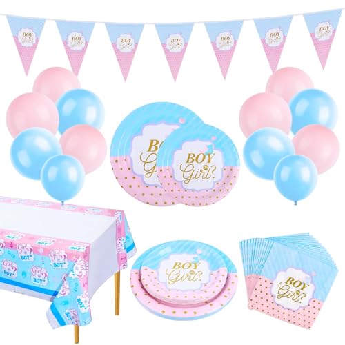 Aitsite 16 Gäste Baby Shower Gender Reveal Pappteller, 62 Stück Gender Reveal Party Geschirr Set, Gender Reveal Party Dekoration Tischtücher Luftballons Girlande Servietten von Aitsite