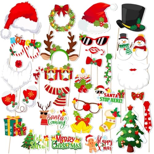 Aitsite 30 Stück Weihnachten Foto Requisiten Weihnachten Photo Booth Props Party Dekoration Hut Brille Selfie Requisiten Accessoires für Erwachsene Kinder Weihnachten Party Zubehör Dekoration von Aitsite