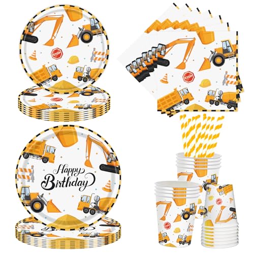 Aitsite 50 Stück Partygeschirr Set, Bagger Kindergeburtstag Party Papptellerfür 10 Gäste mit Papierteller Becher Servietten, Papier Geschirr Set von Aitsite