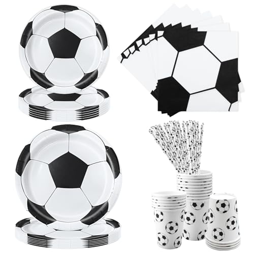 Aitsite 50 Stück Partygeschirr Set, Schwarzer und Weißer Fußball Party Pappteller für 10 Gäste mit Papierteller Becher Servietten, Papier Geschirr Set von Aitsite