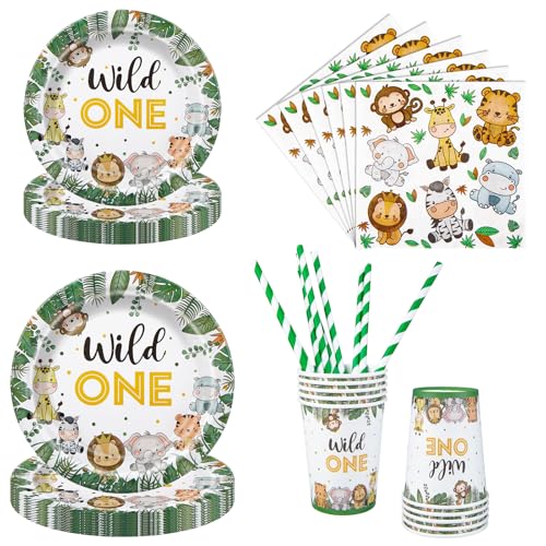 Aitsite 50 Stück Wild One Partygeschirr Set, Waldtiere Partyteller Geburtstag für 10 Gäste, Wild One Geburtstag Geschirr, Waldtiere Party Deko Set, Kindergeburtstag Teller Becher Servietten von Aitsite