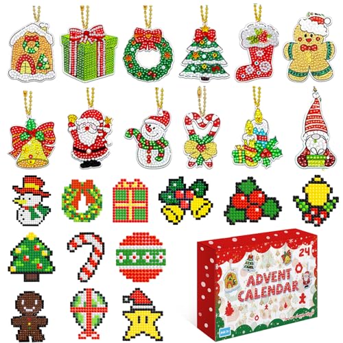 Aitsite Adventskalender 2024 Kinder, DIY Diamond Painting Kinder, 24 Stück Weihnachten Diamond Painting Sticker Schlüsselanhänger, Adventskalender Mädchen, 24 Tage Überraschung Weihnachtsgeschenke von Aitsite