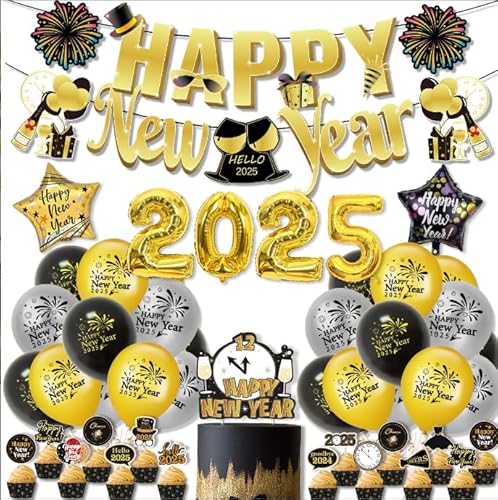 Aitsite Happy New Year Deko 2025, Deko Silvester Party 2025 New Year Decoration für Silvesterparty Silvester Deko 2025 Party, Schwarzes Gold von Aitsite