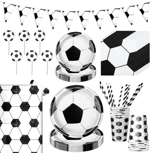 Aitsite Partygeschirr Set, Schwarzer und weißer Fußball Party Papptellerfür 12 Gäste, Papier Geschirr Set mit Papierteller Becher Servietten Strohhalme Kucheneinlagen Tischtuch und Flagge von Aitsite