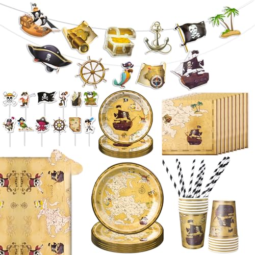 Aitsite Piratenschiff Partygeschirr Set, Schatzkarte Party Pappteller für 12 Gäste, Papier Geschirr Set mit Papierteller Becher Servietten Strohhalme Kucheneinlagen Tischtuch und Flagge von Aitsite