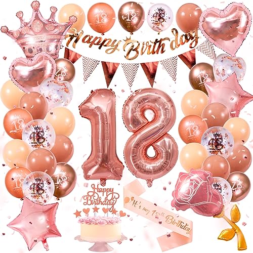 Deko 18. Geburtstag Mädchen, 18. geburtstag Mädchen Frauen Balonen für Geburtstag Luftballon 18. Happy Birthday Banner Geburtstagsdeko Rosegold Ballons Latexballon Folienballons Schleife Kuchenreihe von Aitsite