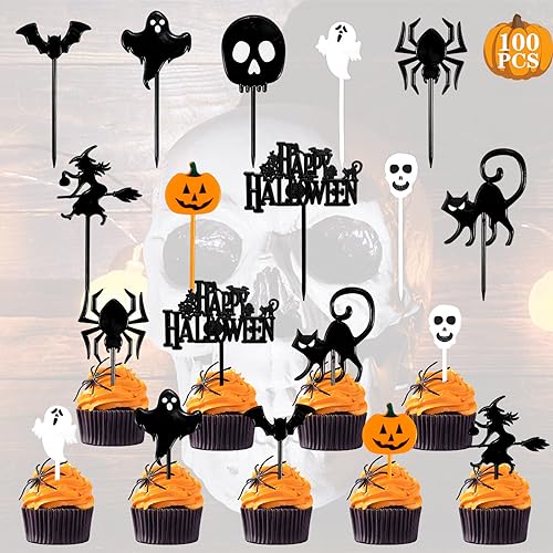 100 Stück Aitsite Halloween Kuchen Deko, Plastic Halloween Tischdeko Cupcake Topper Halloween Picks Muffins Ghost Spinne Fledermaus Kürbis Decor für Kinder Geburtstag Party Themen Party (10 Motive) von Aitsite