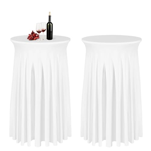 Aiuuee 2er Set Stehtisch Hussen, Stretch Cocktailtischdecke Tischdecke Rund 80cm mit Rock, Maschinenwäsche Cocktailtischrock Tischhussen für Stehtische, Party, Hochzeit, Banket (80 x 110 cm, Weiß) von Aiuuee