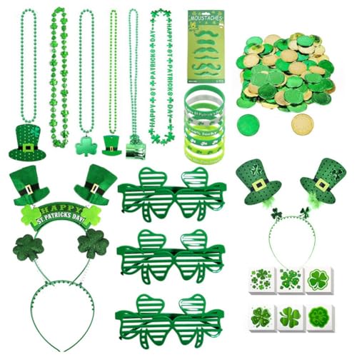 Aiwjeakh 1 Set Grüne Patricks Day Dekorationen mit Grünen Brillen, Halsketten, Stirnband, Armbändern, Münzen, Tattoos und Aufklebern-Set für Patricks Day von Aiwjeakh