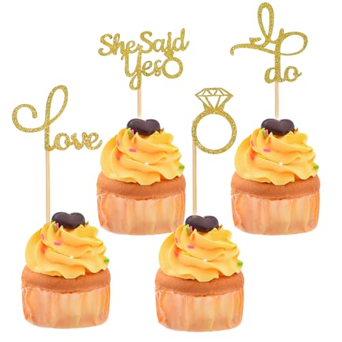 Cupcake-Topper für Verlobungen, glitzernde Hochzeits-Cupcake-Topper, "She Said Ye", Herzring, Cupcake-Picks für Brautparty, Hochzeit, Verlobung, Party, Gold, 24 Stück von Aiyorse