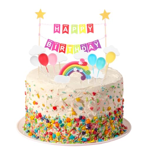 Regenbogen-Kuchenaufsatz, 15-teiliges Kuchenaufsatz-Set, Happy Birthday-Kuchenflaggen-Banner, bunte Regenbogen-Wolken, Ballon-Sterne, bunte Regenbogen-Kuchendekoration für Jungen und Mädchen, von Aiyorse