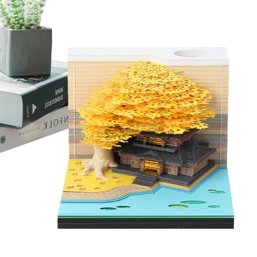 Aizuoni 3D-Papier-Tischkalender - 2024 LED-Kalender,3D Memo Pad Papier Kunst Baum Kreative 3D Notizblock Papier Schnitzen Geschenk Desktop Dekoration, Rosa Baumhaus von Aizuoni