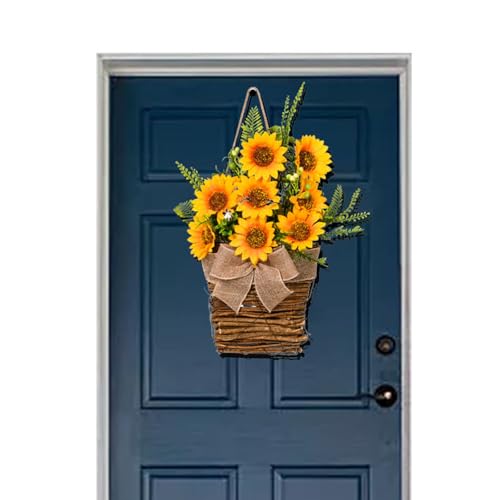 Aizuoni Herbstkranz für Haustür,Hängende Sonnenblumen-Korb-Türgirlande - Fenster-Sonnenblumen-Blumenkranz, künstliche Sonnenblumen-Dekoration für den Muttertag von Aizuoni