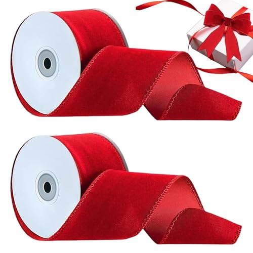 Aizuoni Weihnachten Band, 45 M * 2 Stück Schleifenband Rot, 2 Rollen Geschenkband, Geschenkbänder, Satinband, Dekoratives Bastelzubehör Für Schleifen, Breites Samtband Für Die Dekoration Von Kleidung von Aizuoni