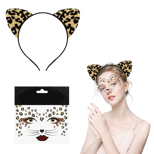 Ajuanbazha Haarreif Leoparden Ohren, Karneval Accessoire mit Gesicht Aufkleber Schmucksteine Halloween Party Haarschmuck für Erwachsene und Kinder von Ajuanbazha