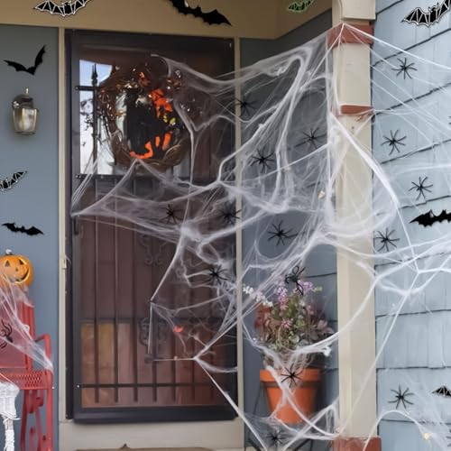 Ajuanbazha Spinnenweben Halloween Deko, 200g Dehnbare Halloween Spinnennetz Deko mit 40 Horror Schwarz Spinnen, Halloween Deko Outdoor Garten Hängende Spiderweb Gruseli Deko von Ajuanbazha