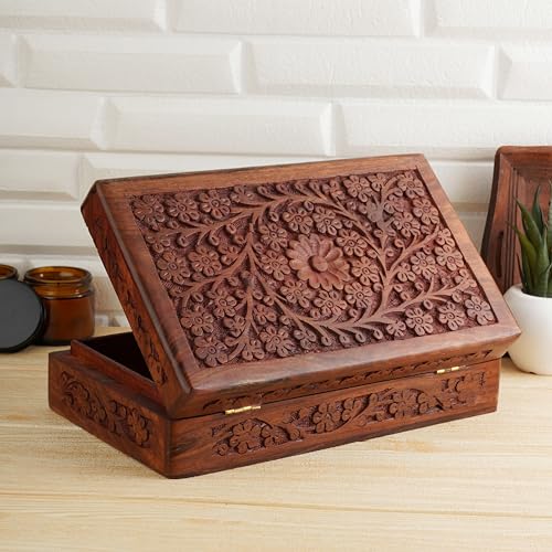 Ajuny Handgeschnitzte Dekorative Schmuckschatulle aus Holz mit Blumendesign Mehrzweck Schatztruhe Andenken Organizer Halsketten Uhrenboxen Ideal für Geschenke 8x5 Zoll von Ajuny