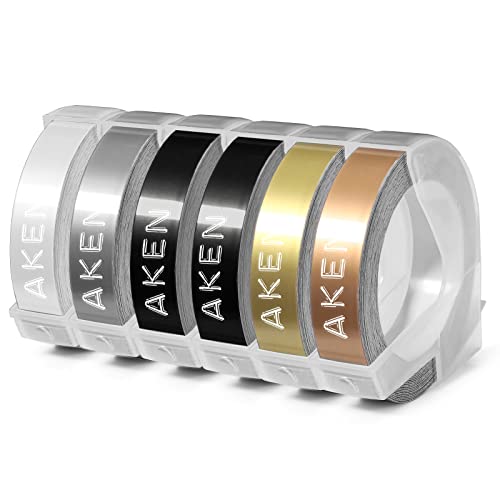 Aken Prägeband 9mm Kompatibel mit Dymo Prägeband 3D Vinyl-Prägeetiketten, Kompatibel mit Dymo Prägeband Gold/Schwarz/Silber/Transparent/Champagner Gold für Dymo Omega Junior Prägegerät, 6 Rollen von Aken