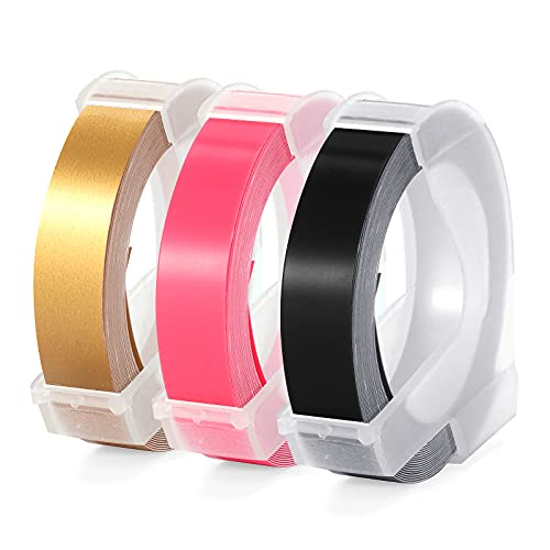 Aken Kompatibel mit Dymo Prägeband 9mm - als Ersatz für Dymo 3D Prägegerät Band Kunststoff 9mm, Weiß auf Schwarz/Gold/Rosa, Embossing Selbstklebend Band für Dymo Junior Omega Etikettenprägegerät von Aken