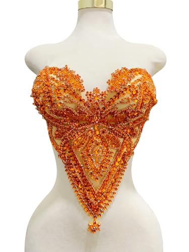 Akiko.CC Handgefertigte Strass-Applikation, Miederspitze, Handnähen, Perlen, Pailletten, Besatz für Kleid, Kleidung, Röcke, Accessoires, 39 x 40 cm, Orange von Akiko.CC