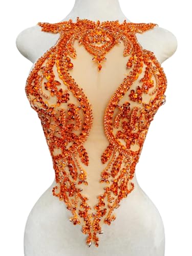 Akiko.CC Handgefertigte Strass-Spitzenapplikation zum Aufnähen auf Perlen, Pailletten, Besatz, Zubehör für Mädchen, Kleid, Kleidung, 34 x 58 cm, Orange von Akiko.CC