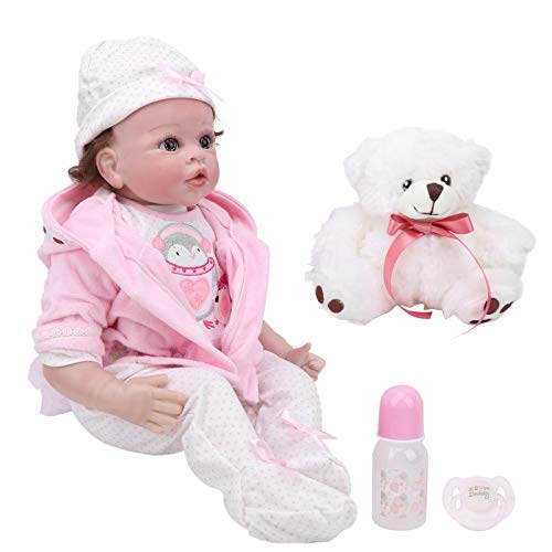 Akozon Reborn-Puppe, Realistische 55 cm Große, Handgefertigte Reborn-Puppe in Rosa Outfit, Premium-Qualität, Silikon-Finish, Ideales, Ornamente für Rollenspiele von Akozon