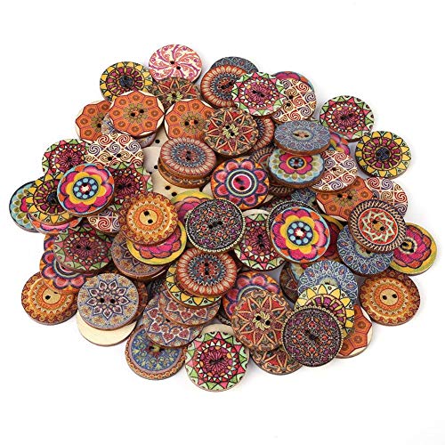 Knöpfe Akozon Runde Holzknöpfe 100Stücke Holz Antik Knöpfe Mixed Pattern Vintage Unvollendete Holzknöpfe Gemischte Farbe 2 Löcher für DIY Craft Nähen Handwerk Dekorative 20mm Nähen Scrapbooking von Akozon