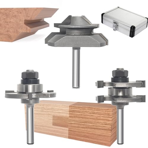 Akylin Nut- und Federfräser-Set mit 45-Grad-Lock-Gehrungskleber-Fräser-Set, 1/4-Zoll-Schaft, Holzfräser-Set mit Aluminiumgehäuse, 3 Zähne, T-Form, Wolframkarbidspitze, 3-teiliges Set von Akylin