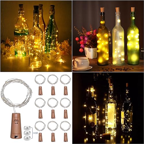 Akynite Lichterketten Innen Warmweiß mit Kork, Korken LED Flaschenlicht, 20 LEDs 2M Lichterkette Wasserdicht, Korken Lichterkette Warmweiss, Deko für Flaschen für Weihnachten Party, 10er-set von Akynite