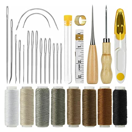 Leder Werkzeuge Set, 29 Stück Lederhandwerk Werkzeug, Hand Ledernadeln DIY Handwerk Ledernähset, Leder Nähen Nadeln, Ahle, Schere, Fingerhut, Maßband und Nahttrenner für Leder Nähen Handwerk von Alacritua