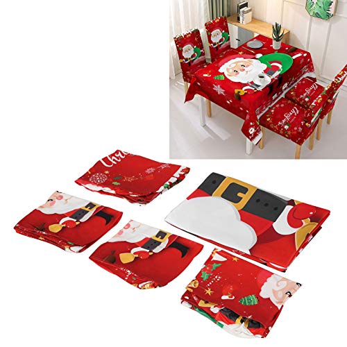 Aladeno Merry Christmas Tischdecke Stuhlhussen 5er-Set, waschbare Stuhlsitzbezüge, Wasser- und ölbeständige Tischdecke, dekorative Tischdecken für Essen, Party, Buffet (140 * 140cm) von Aladeno