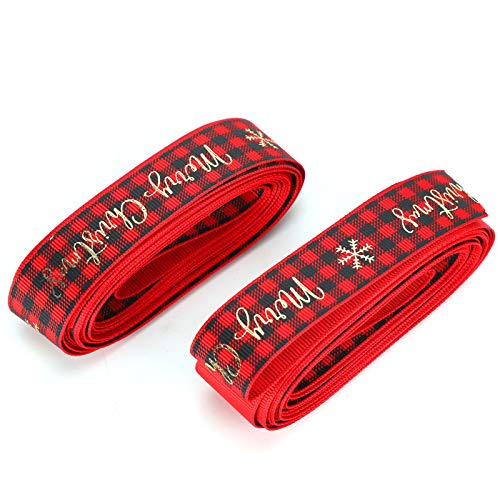 Aladeno Weihnachtsbänder 2 Rollen 25mm Rot Merry Christmas Schneeflocke Vergoldung Basteln Bedruckte Geschenkband Weihnachten Dekoband Geschenkverpackung Weihnachtsbänder Geschenken Deko Satinband von Aladeno