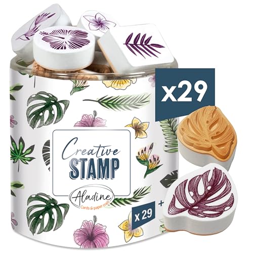 Aladine - 29 Dschungel-Stempel mit schwarzer Tinte – zum Personalisieren von Karten, Einladungen – Scrapbooking, Bullet Journal, exotische Blätter, Blumen Natur – Creative Stamp – 03744 von Aladine