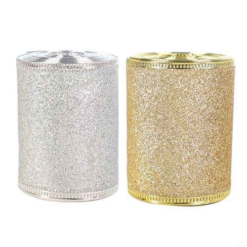 Alanmoship DIY Weihnachtsdekorationsrolle mit goldenem und silbernem Glitzerband, 6,3 cm x 6 m, für Hochzeiten, Babypartys und Feiern (Silber und Gold) von Alanmoship