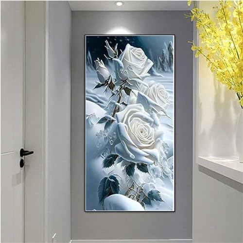 5D Diamond Painting weiße Rose Diamond Art Painting, DIY 30x60cm Diamond Painting Erwachsene mit Voll Diamond Painting Zubehör, Groß Diamond Painting für Wohnzimmer Schlafzimmer Wand Dekoration von Alaoan