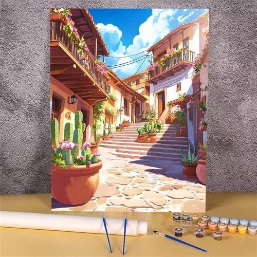 Malen Nach Zahlen Erwachsene Kaktus,Malen Nach Zahlen Stadt,Handgemalt Ölgemälde Leinwand Kits für Anfänger,Mit Pinsels und Acrylfarbe Als Geschenkes und Heimdekoration,Ohne Rahmen 30x40 cm GH-1057 von Alaoan