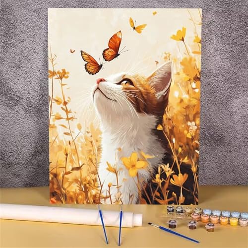 Malen Nach Zahlen Erwachsene Katze, Malen Nach Zahlen Schmetterling, DIY Handgemalt Ölgemälde Leinwand Kits für Anfänger, Mit Pinsels und Acrylfarbe Als Heimdekoration, Ohne Rahmen 30x40 cm GH-1618 von Alaoan