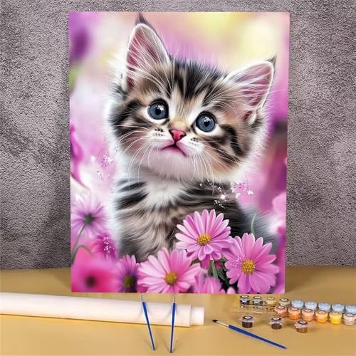 Malen Nach Zahlen Erwachsene Katze,Malen Nach Zahlen Blume,DIY Handgemalt Ölgemälde Leinwand Kits für Anfänger,Mit Pinsels und Acrylfarbe Als Geschenkes und Heimdekoration,Ohne Rahmen 30x40 cm GH-565 von Alaoan