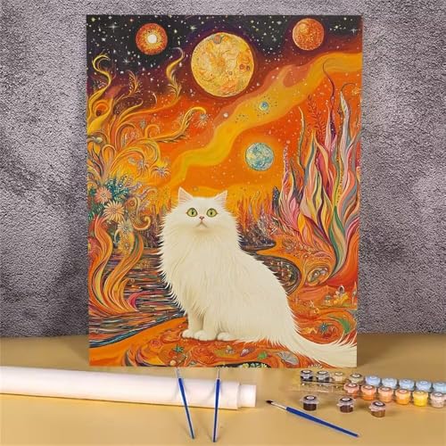 Malen Nach Zahlen Erwachsene Katze,Malen Nach Zahlen Mond,DIY Handgemalt Ölgemälde Leinwand Kits für Anfänger,Mit Pinsels und Acrylfarbe Als Geschenkes und Heimdekoration,Ohne Rahmen 20x30 cm GH-1144 von Alaoan