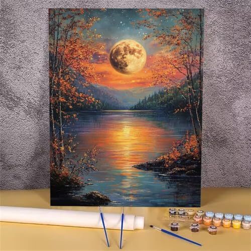 Malen Nach Zahlen Erwachsene Landschaft,Malen Nach Zahlen Mond,Handgemalt Ölgemälde Leinwand Kits für Anfänger,Mit Pinsels und Acrylfarbe Als Geschenkes und Heimdekoration,Ohne Rahmen 20x30 cm GH-1726 von Alaoan