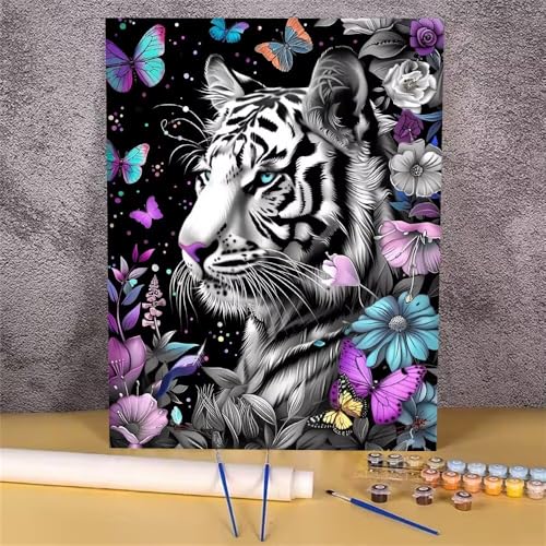 Malen Nach Zahlen Erwachsene Tiger,Malen Nach Zahlen Blume,DIY Handgemalt Ölgemälde Leinwand Kits für Anfänger,Mit Pinsels und Acrylfarbe Als Geschenkes und Heimdekoration,Ohne Rahmen 50x65 cm GH-1171 von Alaoan