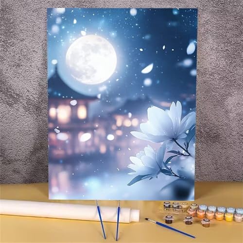 Malen Nach Zahlen Landschaft, Mond Malen Nach Zahlen Erwachsene, DIY Handgemalt Ölgemälde Leinwand Kits, Anfänger Paint by Numbers Malen Nach Zahlen zur Heimdekoration, Kein Rahmen 30x40 cm GH-1164 von Alaoan