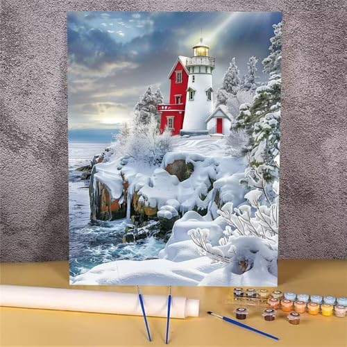 Malen Nach Zahlen Leuchtturm, Winter Malen Nach Zahlen Erwachsene, DIY Handgemalt Ölgemälde Leinwand Kits, Anfänger Paint by Numbers Malen Nach Zahlen zur Heimdekoration, Kein Rahmen 30x40 cm GH-1089 von Alaoan