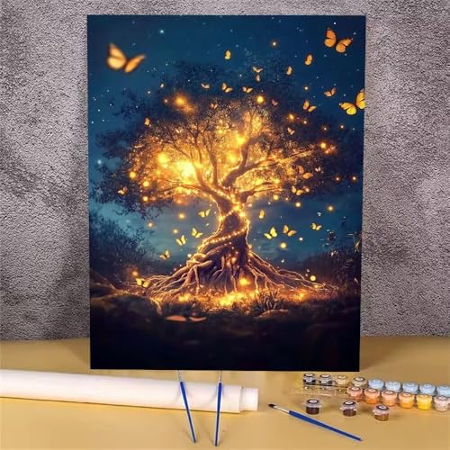 Malen Nach Zahlen Schmetterling, Baum Malen Nach Zahlen Erwachsene, DIY Handgemalt Ölgemälde Leinwand Kits, Anfänger Paint by Numbers Malen Nach Zahlen zur Heimdekoration, Kein Rahmen 60x80 cm GH-1173 von Alaoan