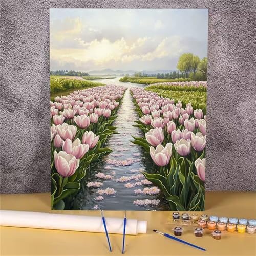 Tulpe Malen Nach Zahlen Erwachsene, Malen Nach Zahlen Landschaft, DIY Handgemalt Ölgemälde Kit, Mit Pinseln und Acrylfarbe, zur Heimdekoration und Mädchen Geschenkes (Rahmenlos, 60x80 cm) GH-1748 von Alaoan