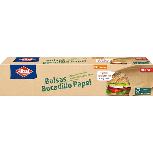 ALBAL Sandwich-Taschen aus Papier – Kraftpapiertüten ohne Griffe (27 x 12 cm), Papiertüten ohne Griffe zum Frischhalten von Snacks, Sandwiches, Packung mit 20 Papiertüten von Albal