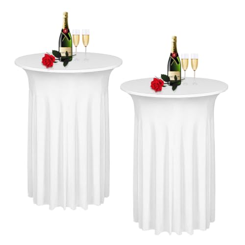 Albassa Runder Cocktail-Tischrock, 81,3 x 109,2 cm, Spandex, Stretch-Cocktail-Tischdecken mit gewellten Vorhängen, angepasste hohe Bar-Tischdecken für Hochzeit, Party, Bankett (Weiß, 2 Stück) von Albassa