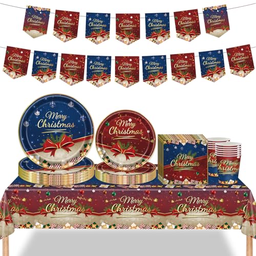 Weihnachten Party Dekorationen Geschirr Set, Weihnachten Einwegpapier Party Tischdecke Tassen Servietten Teller und Frohe Weihnachten Banner für Weihnachten Decor (Fliege) von Alederways